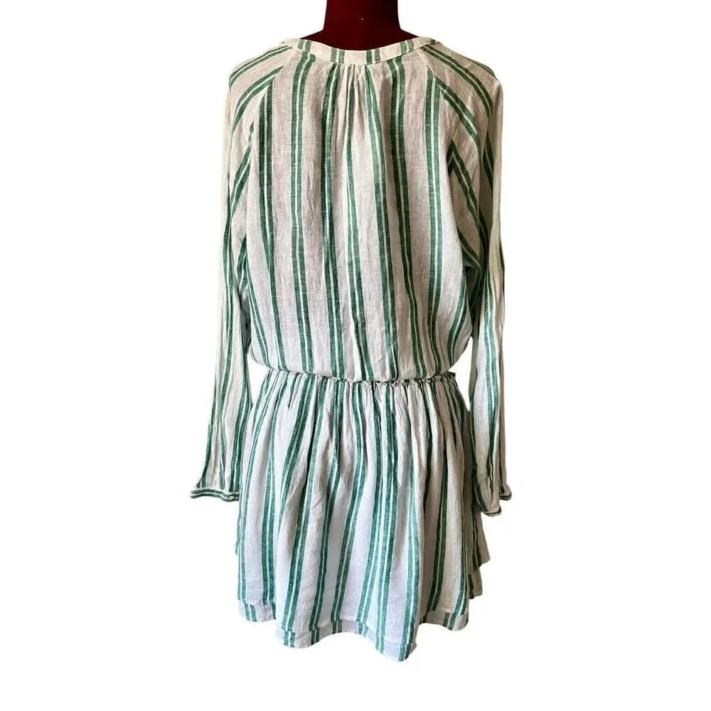 NEW RAILS Jasmine Dress Size L Green White Linen Blend Mini Long Sleeve - Picture 3 of 12